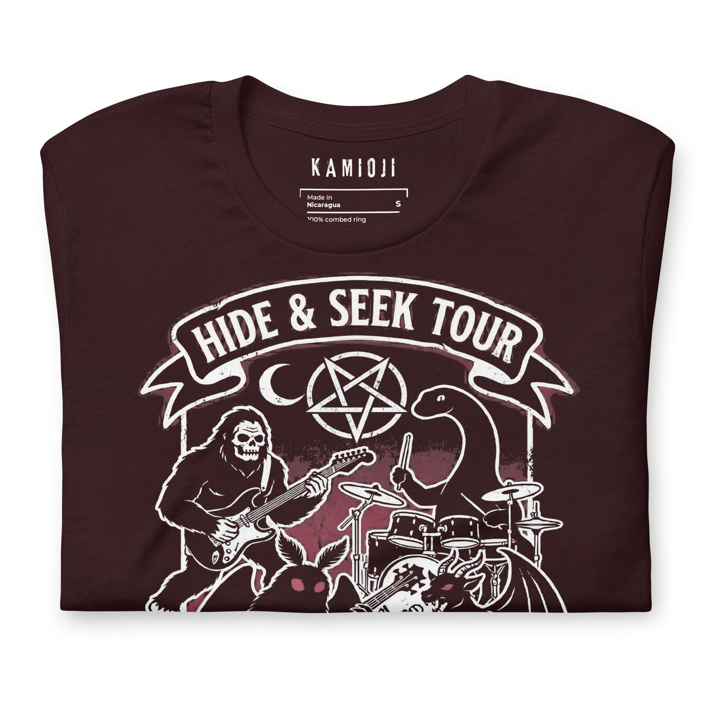 Alternative graphic t shirt with Mothman, Sasquatch, and the Loch Ness Monster performing in a concert style design. Oxblood black color variation.