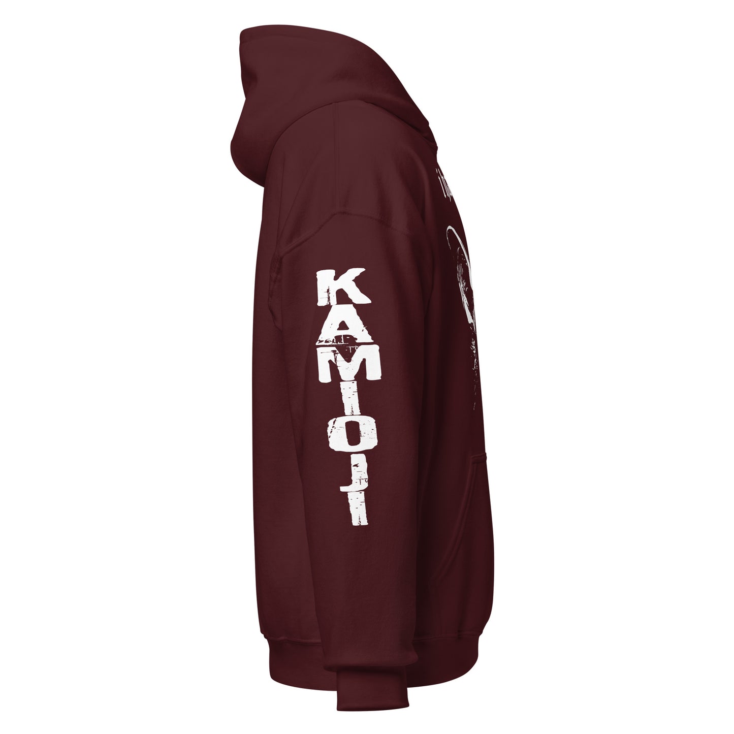 Graphic pullover hoodie featuring a creepy bat illustration with distressed ink texture. KAMIOJI right arm logo.