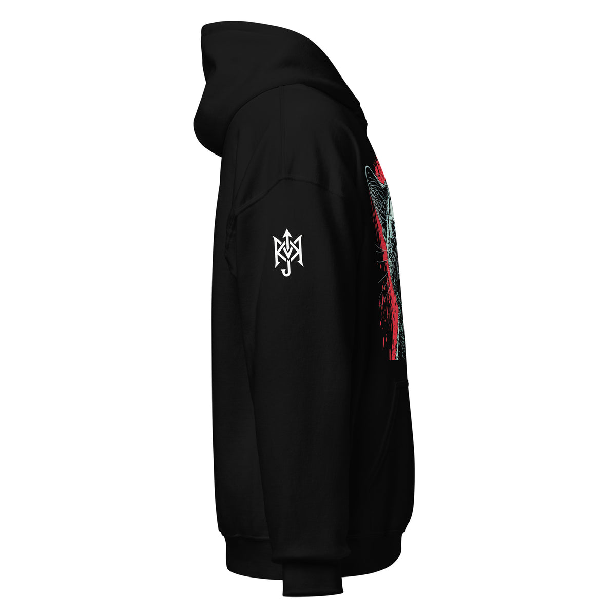 KAMIOJI Japanese graphic hoodie featuring a fierce cat illustration, red streetwear artwork and vertical yarō lettering.