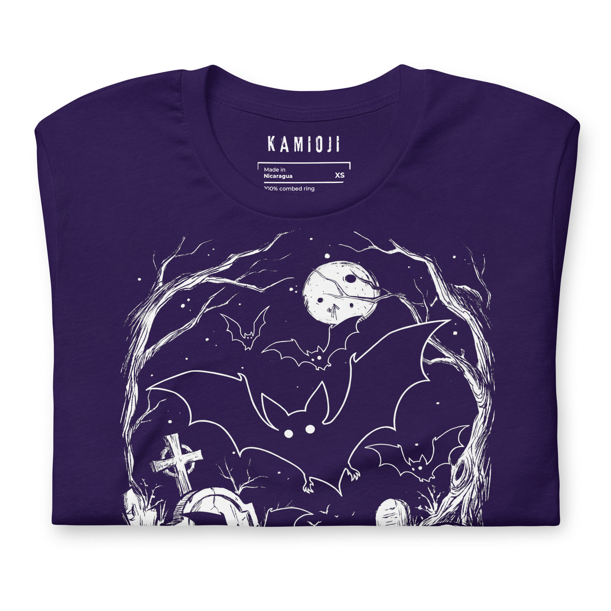 Close-up of the KAMIOJI bat, full moon and graveyard Halloween T-shirt graphic | Colour: Purple