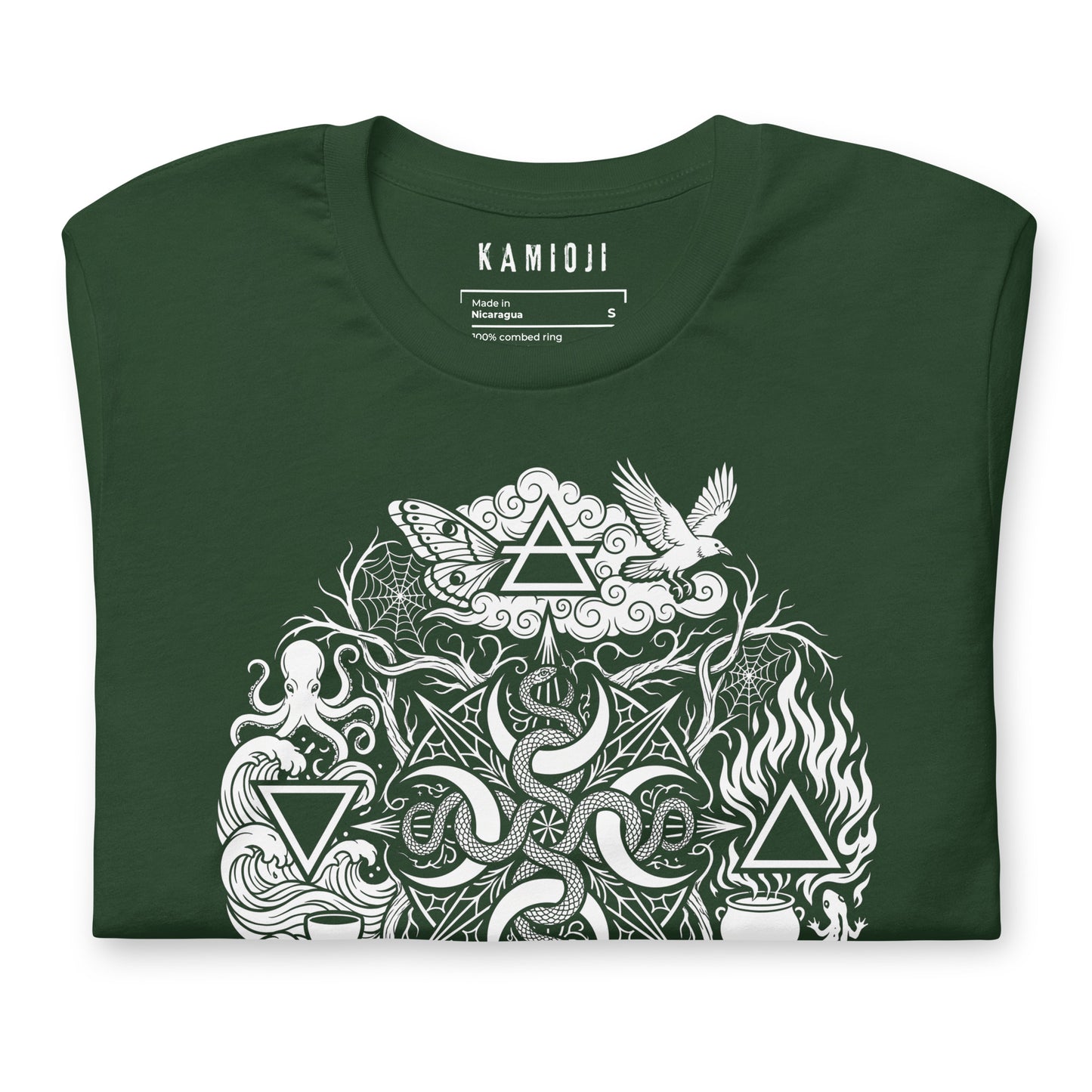 Alternative green T-shirt featuring witchy symbols, spider webs, cauldron and crystal details | Colour: Green