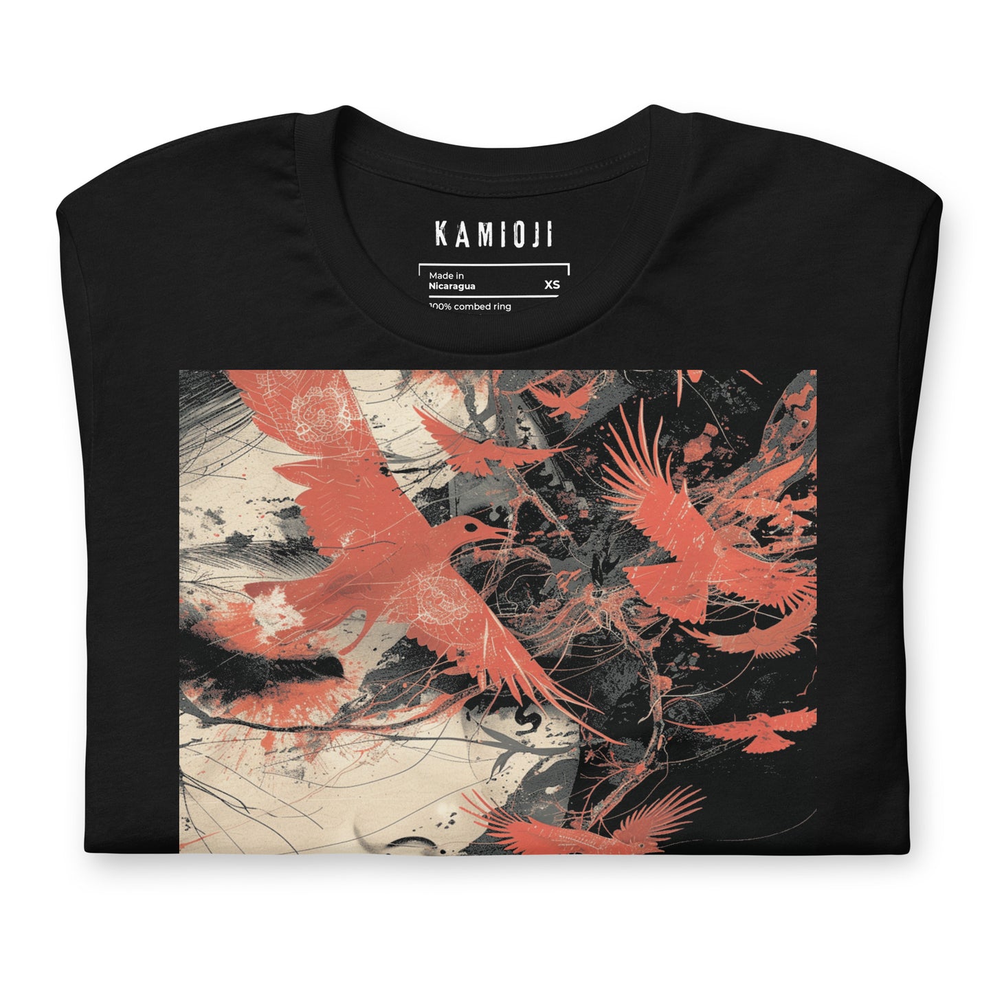 Close-up of the KAMIOJI Japanese woman, red crows and abstract collage T-shirt graphic | Colour: Black