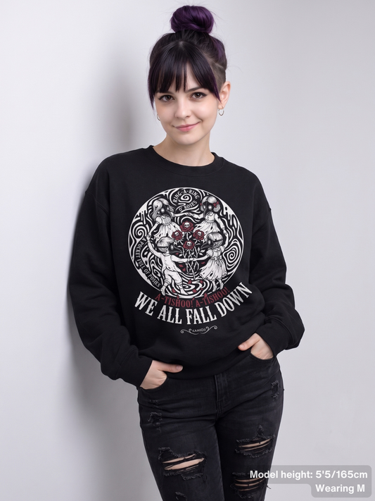 Female model wearing the KAMIOJI We All Fall Down sweatshirt with plague doctor children and skull rose artwork | Colour: Black