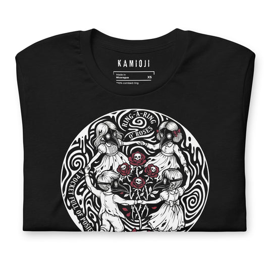 KAMIOJI black alternative T-shirt featuring the Ring a Ring o’ Roses plague doctor artwork, side view | Colour: Black