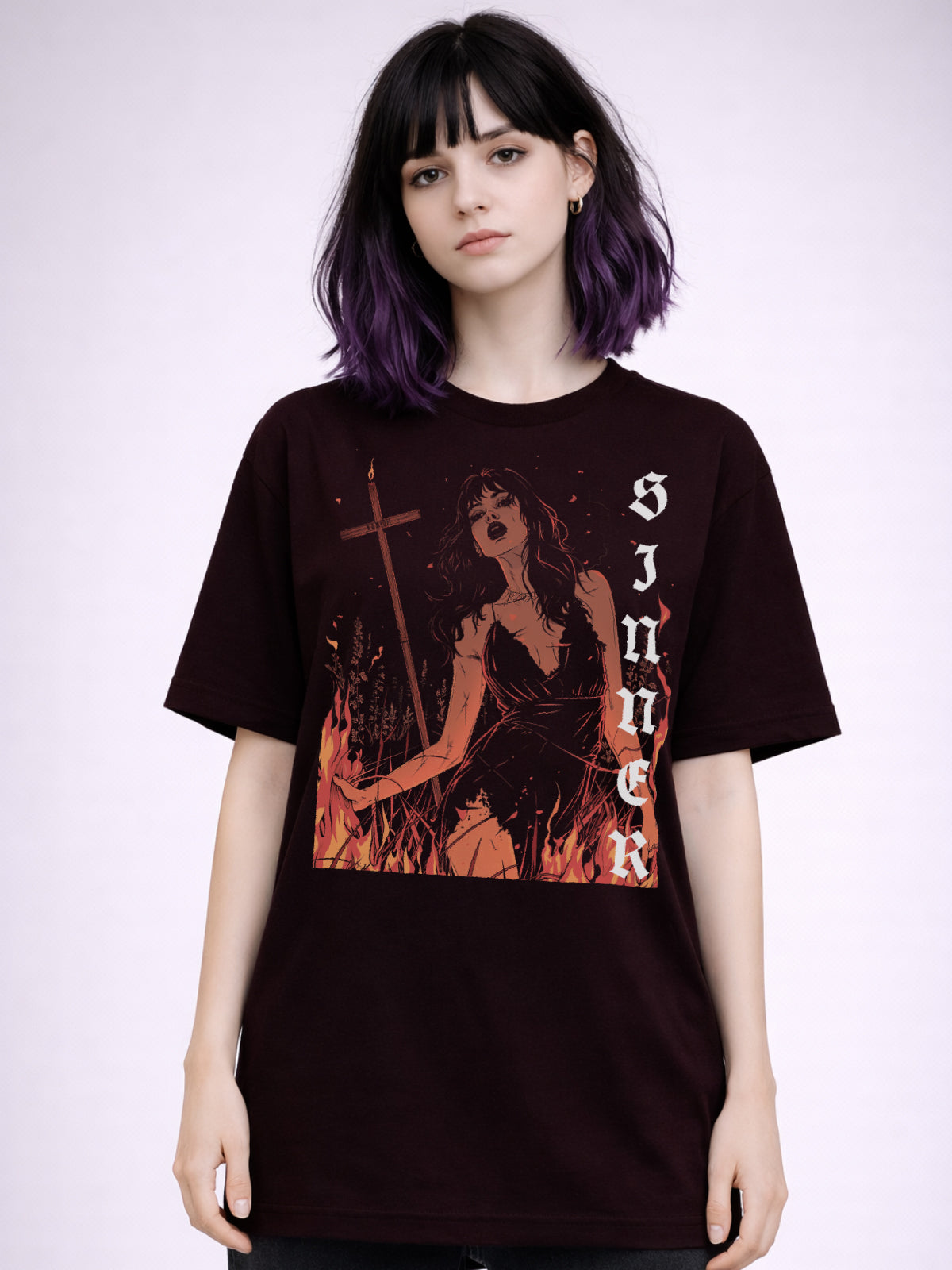 Front view of a Lilith themed t shirt designed for gothic and alternative fashion styles.