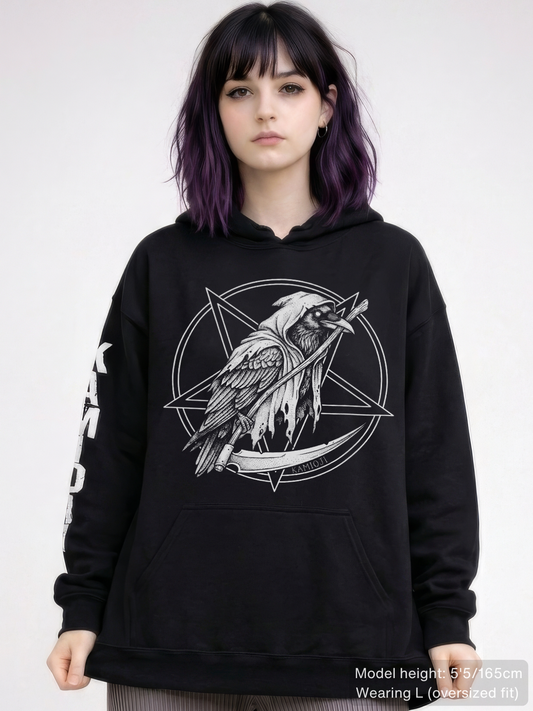 Unisex gothic hoodie with grim reaper crow illustration and circular occult design.