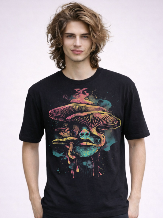 Trippy cosmic mushroom t shirt, unisex fit.