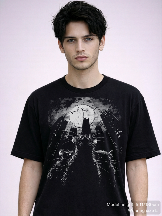 Black alternative tee with detailed line art of rats watching over a crumbling cityscape in monochrome design