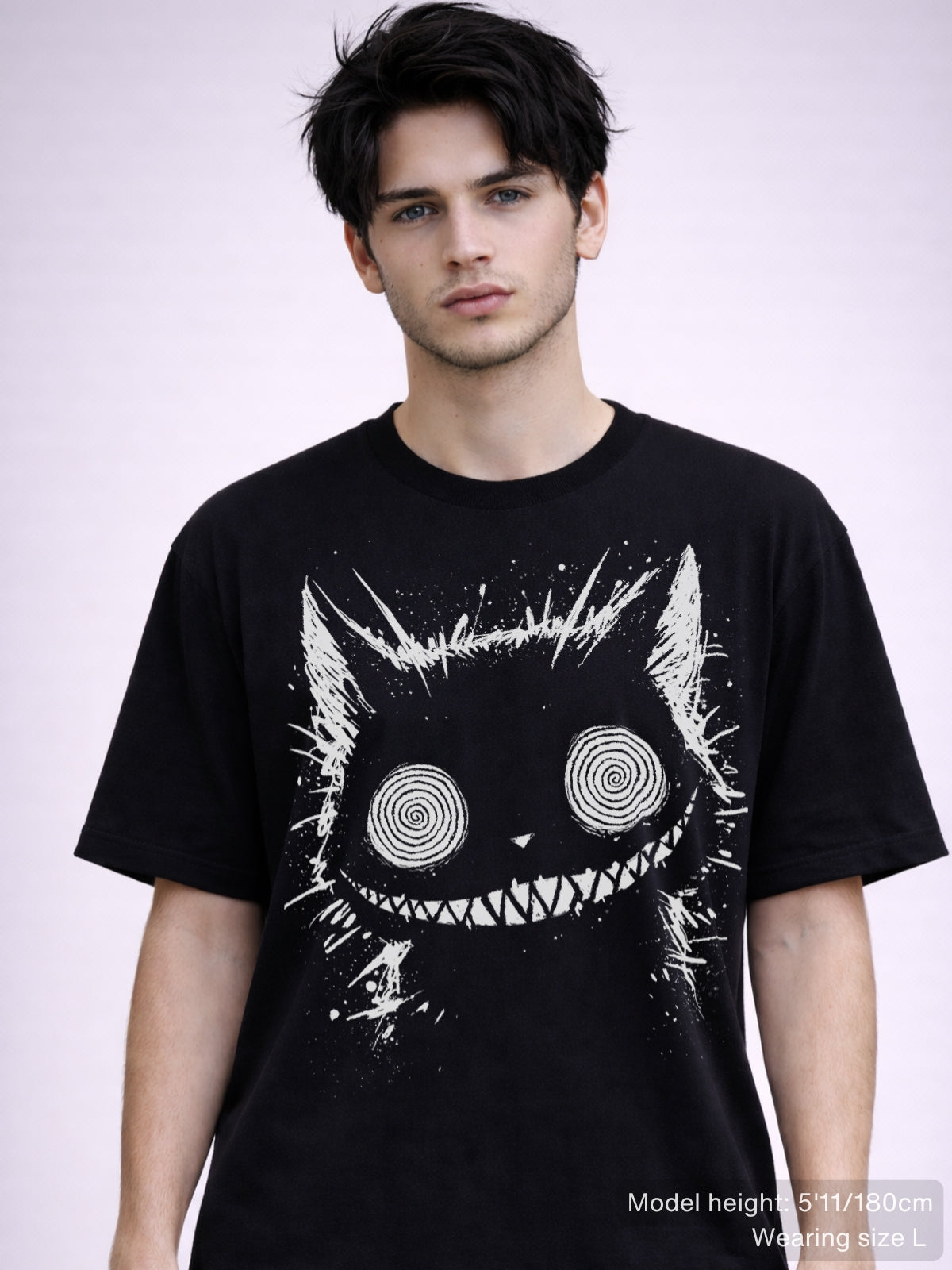 Creepy cheshire cat tshirt with trippy spiral eyes. White ink on a black shirt, unisex.