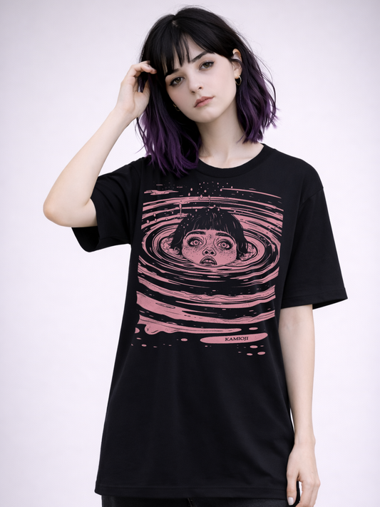 Unisex t shirt with a pink toned illustration of a girl surrounded by rippling water.