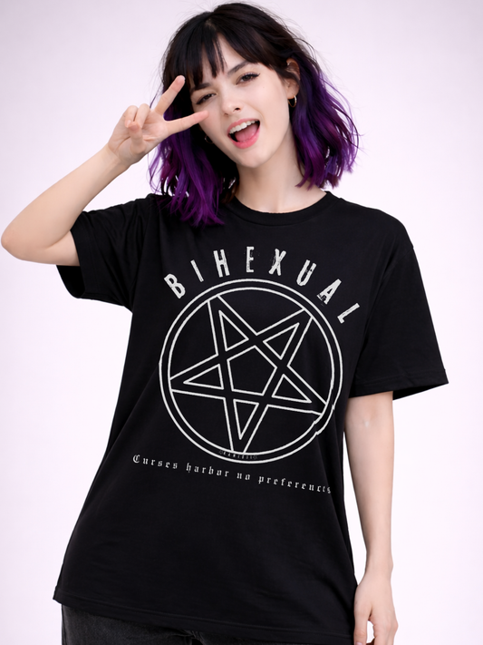 Unisex graphic t shirt with Bihexual text and circular occult symbol printed on the front.