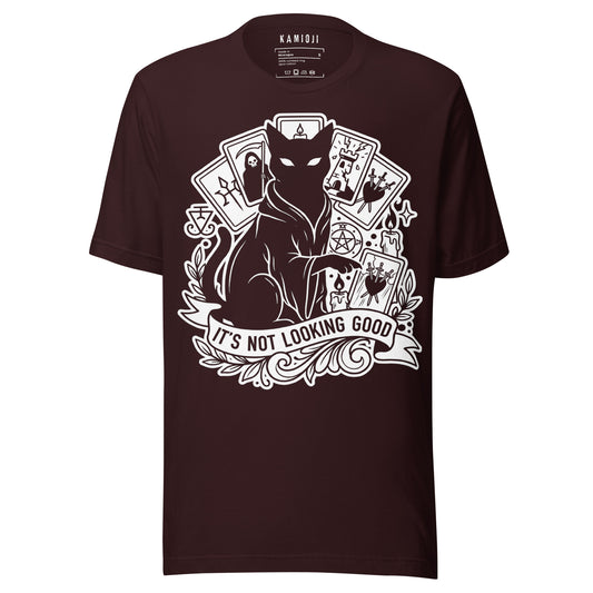 Unisex graphic tee with black cat design and the phrase “It’s Not Looking Good.”