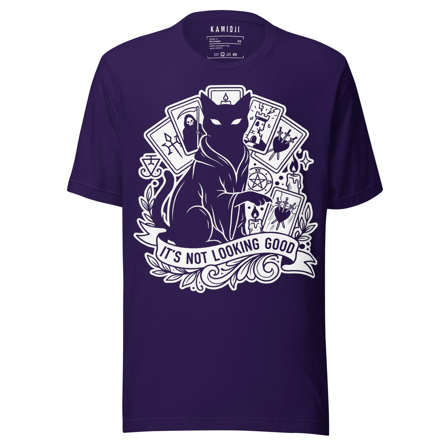 Gothic t shirt showing a tarot inspired black cat illustration with symbolic card details.