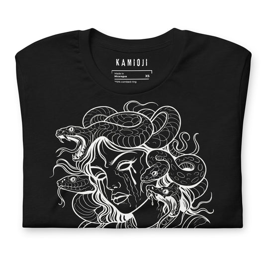 Unisex t shirt featuring a Medusa design with snakes and gothic style lettering.