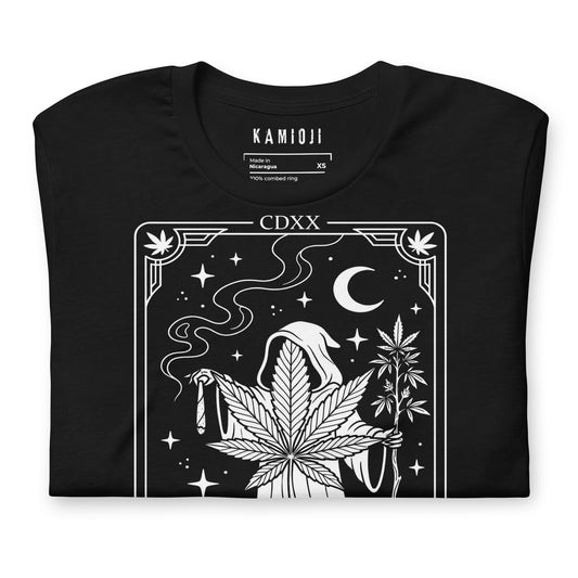 stoner graphic tee featuring grim reaper design with marijuana leaf and occult symbols.