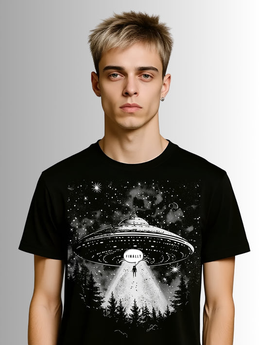 Black alternative streetwear T-shirt featuring UFO light beam over misty trees in gothic sci-fi style