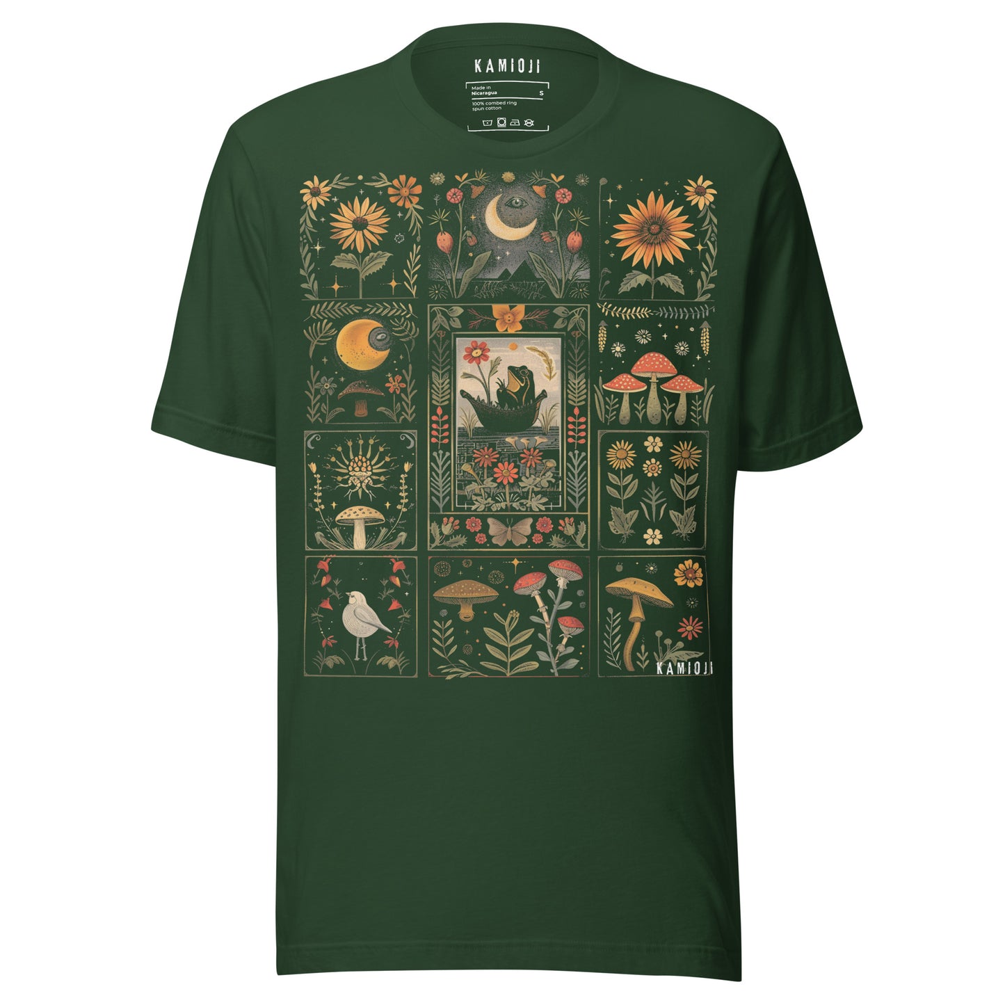 Forest green streetwear tee with occult-inspired floral and mushroom artwork in a grid layout