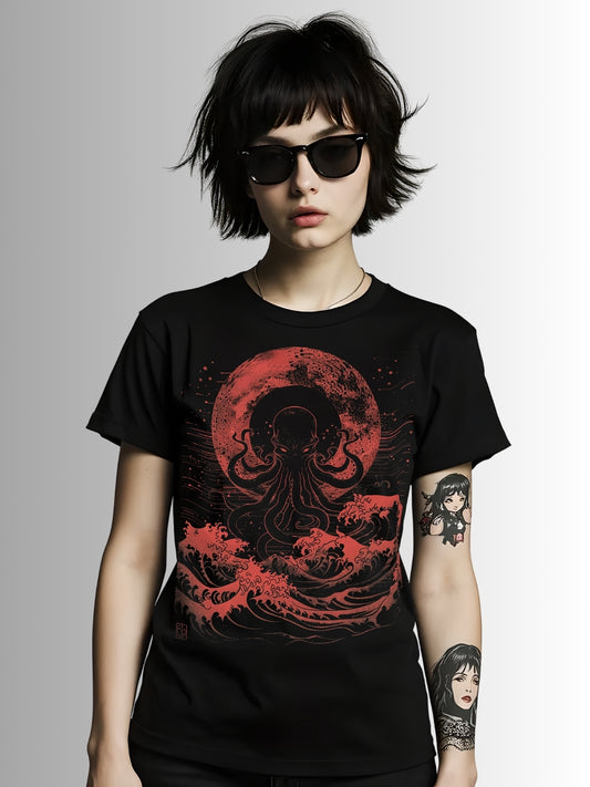 Gothic black tee showcasing a monstrous red kraken emerging from turbulent sea in dark nautical artwork