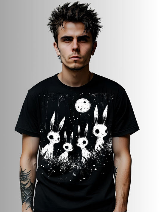 Black alternative shirt with creepy rabbit creatures and eerie night sky
