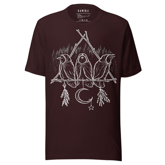 Unisex graphic tee with triple crow illustration and occult inspired moon symbolism.