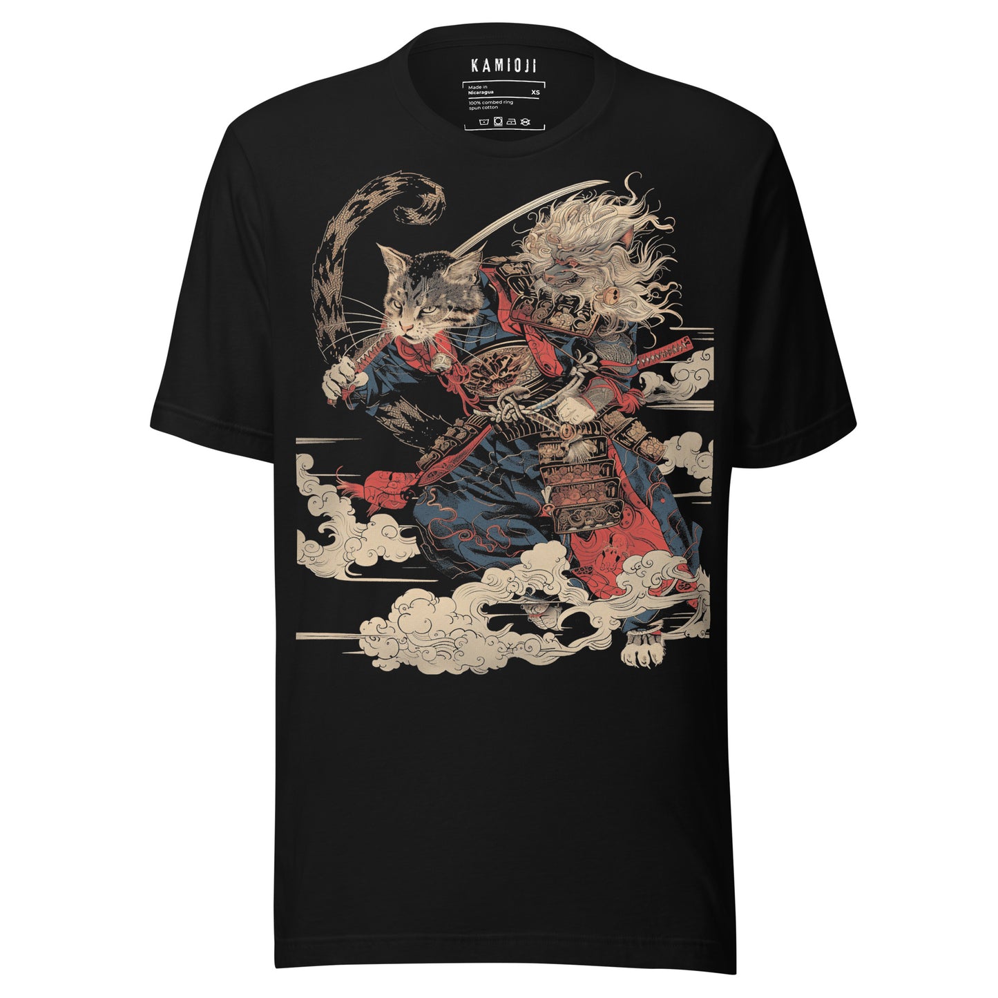 Samurai cat graphic t shirt featuring a warrior cat in traditional armour with Japanese style clouds.