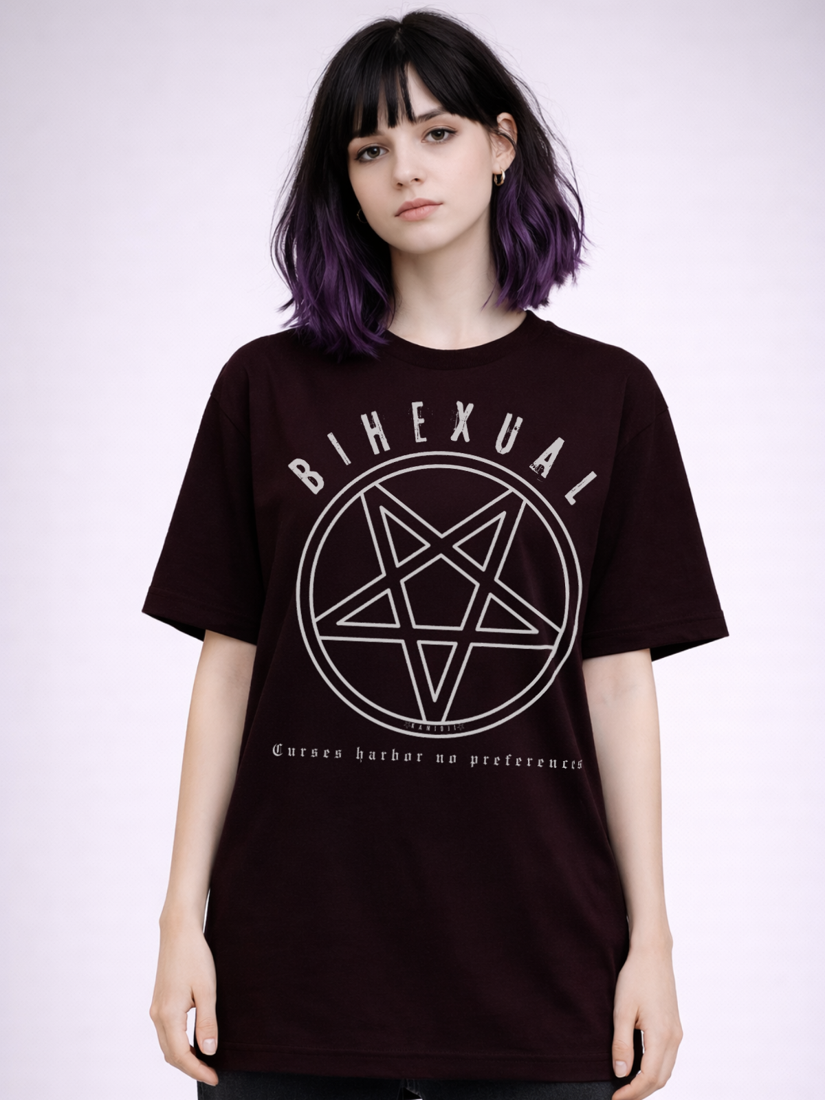 Front view of a t shirt displaying Bihexual lettering and a minimalist pentagram inspired design.