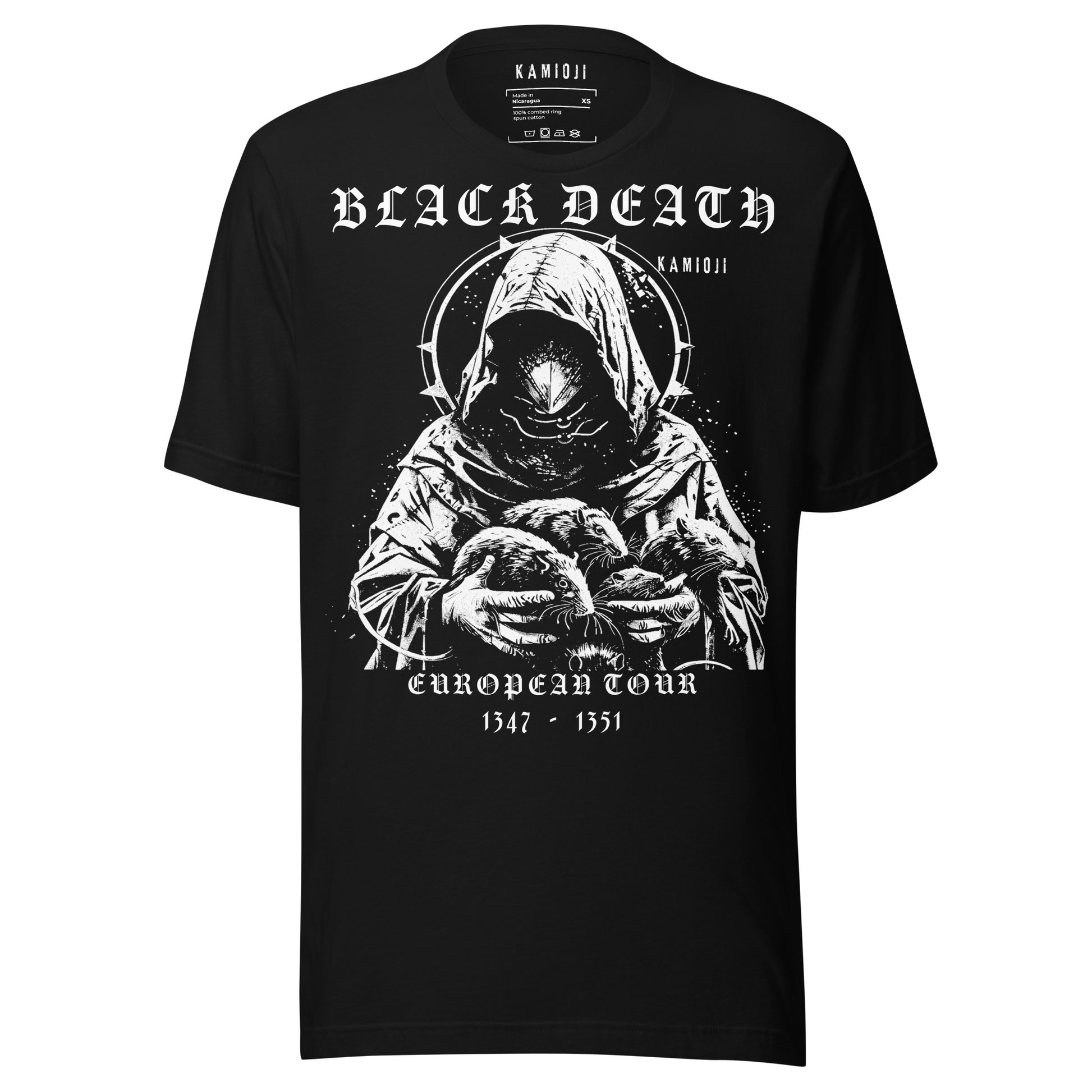 Black Death themed t shirt featuring a hooded medieval figure holding rats with plague era text.
