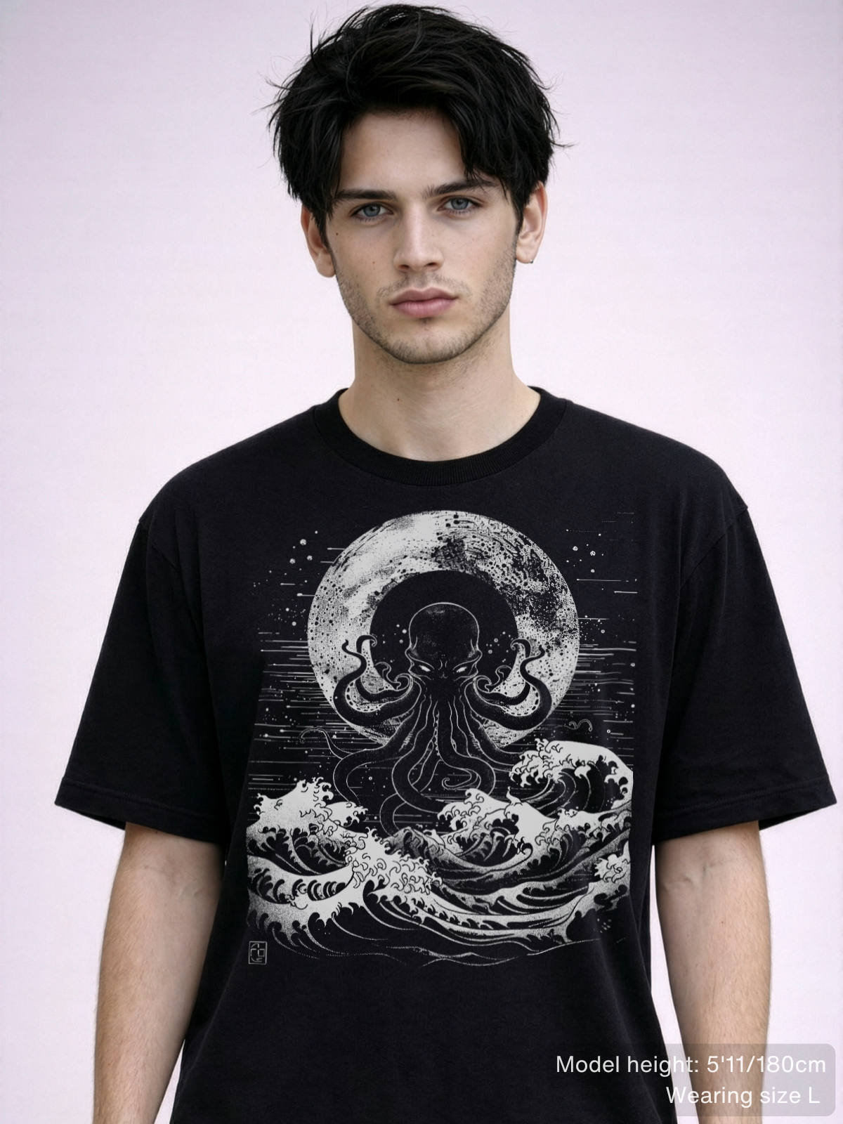 Alternative black T-shirt with mythic sea creature artwork, combining nautical horror and gothic design