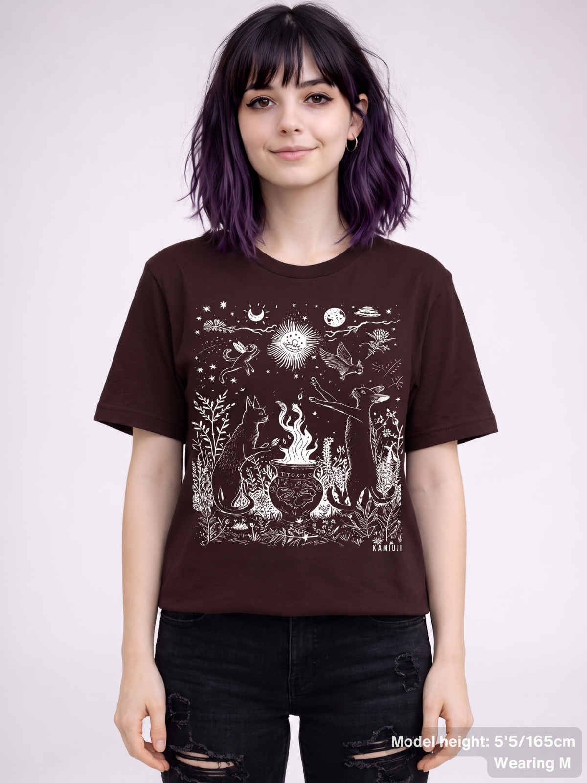 Alternative t shirt with a hand drawn celestial cat illustration inspired by folklore and ritual imagery. | Colour: Oxblood Black