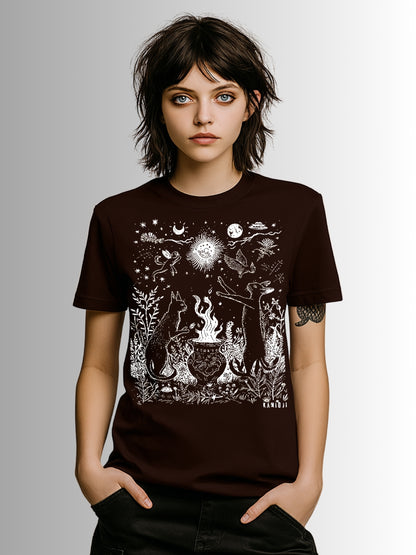 Front view of a t shirt displaying a detailed illustrated scene of cats, plants, and celestial motifs arranged in a square layout. Oxblood black color.