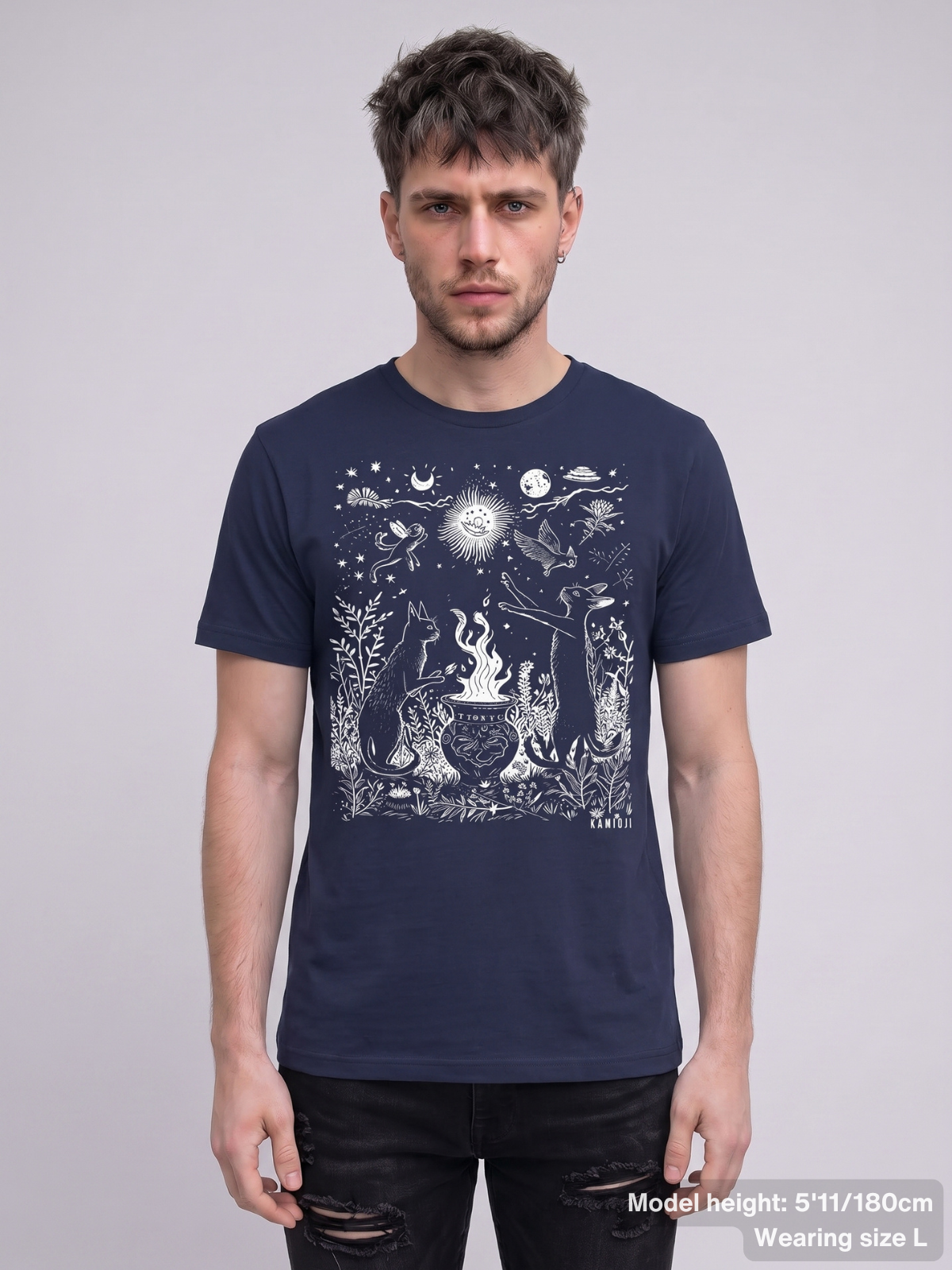 Alternative t shirt with a hand drawn celestial cat illustration inspired by folklore and ritual imagery. | Colour: Navy