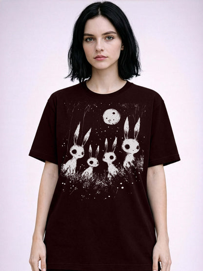 Oxblood black Dark art graphic tee featuring spooky skeletal rabbits and moonlit forest scene