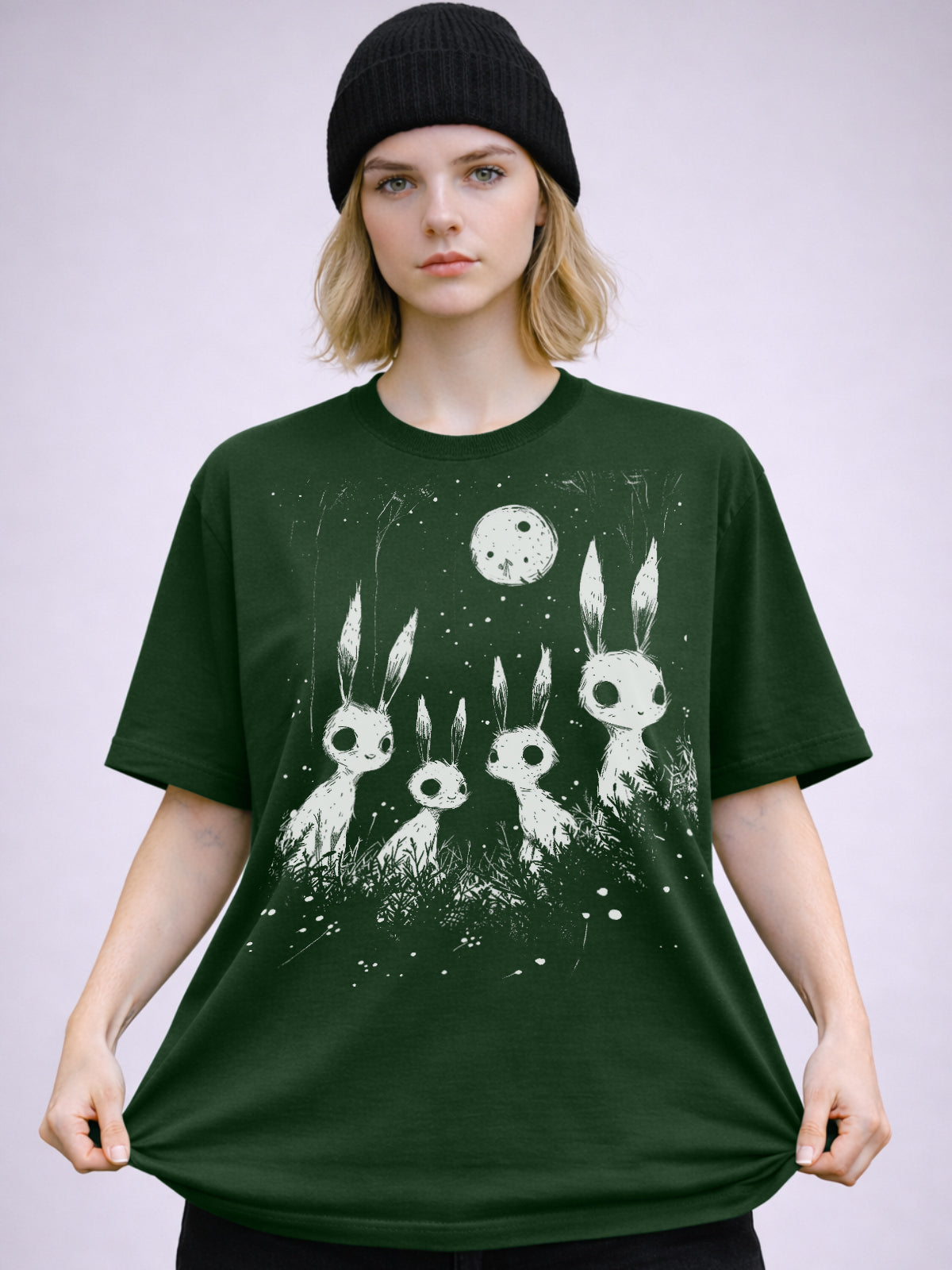 Alternative forest green tee with creepy bunny silhouettes against glowing moon