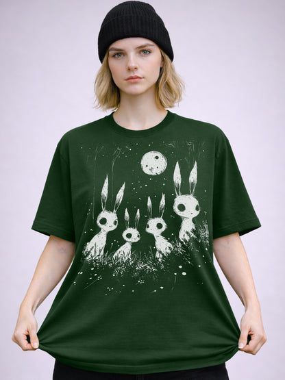 Alternative forest green tee with creepy bunny silhouettes against glowing moon