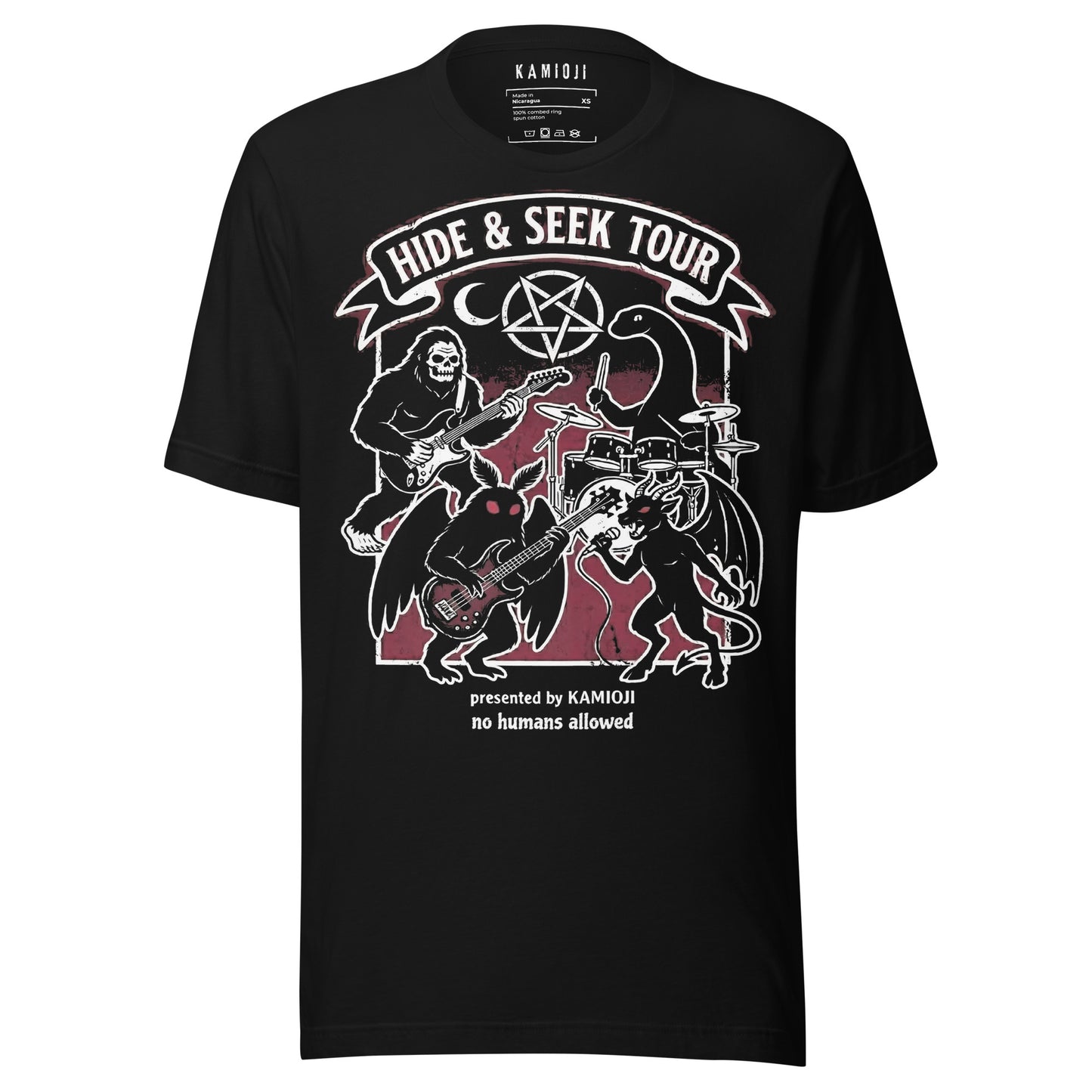 Cryptid band t shirt featuring Bigfoot, Mothman, the Jersey Devil, and Nessie performing on stage.