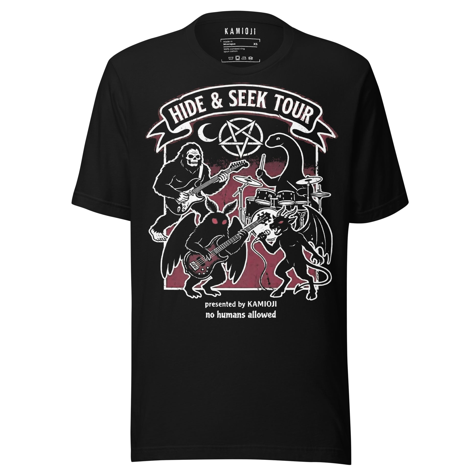 Cryptid band t shirt featuring Bigfoot, Mothman, the Jersey Devil, and Nessie performing on stage.