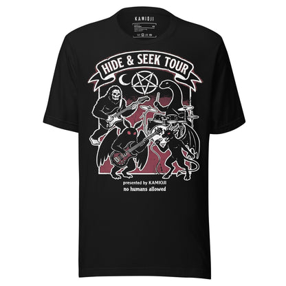 Cryptid band t shirt featuring Bigfoot, Mothman, the Jersey Devil, and Nessie performing on stage.