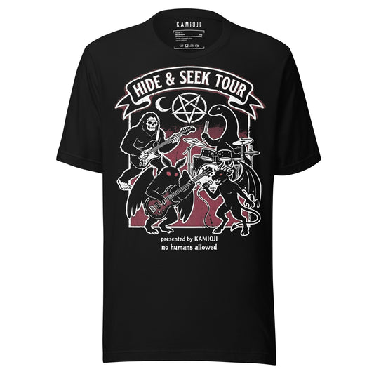 Cryptid band t shirt featuring Bigfoot, Mothman, the Jersey Devil, and Nessie performing on stage.