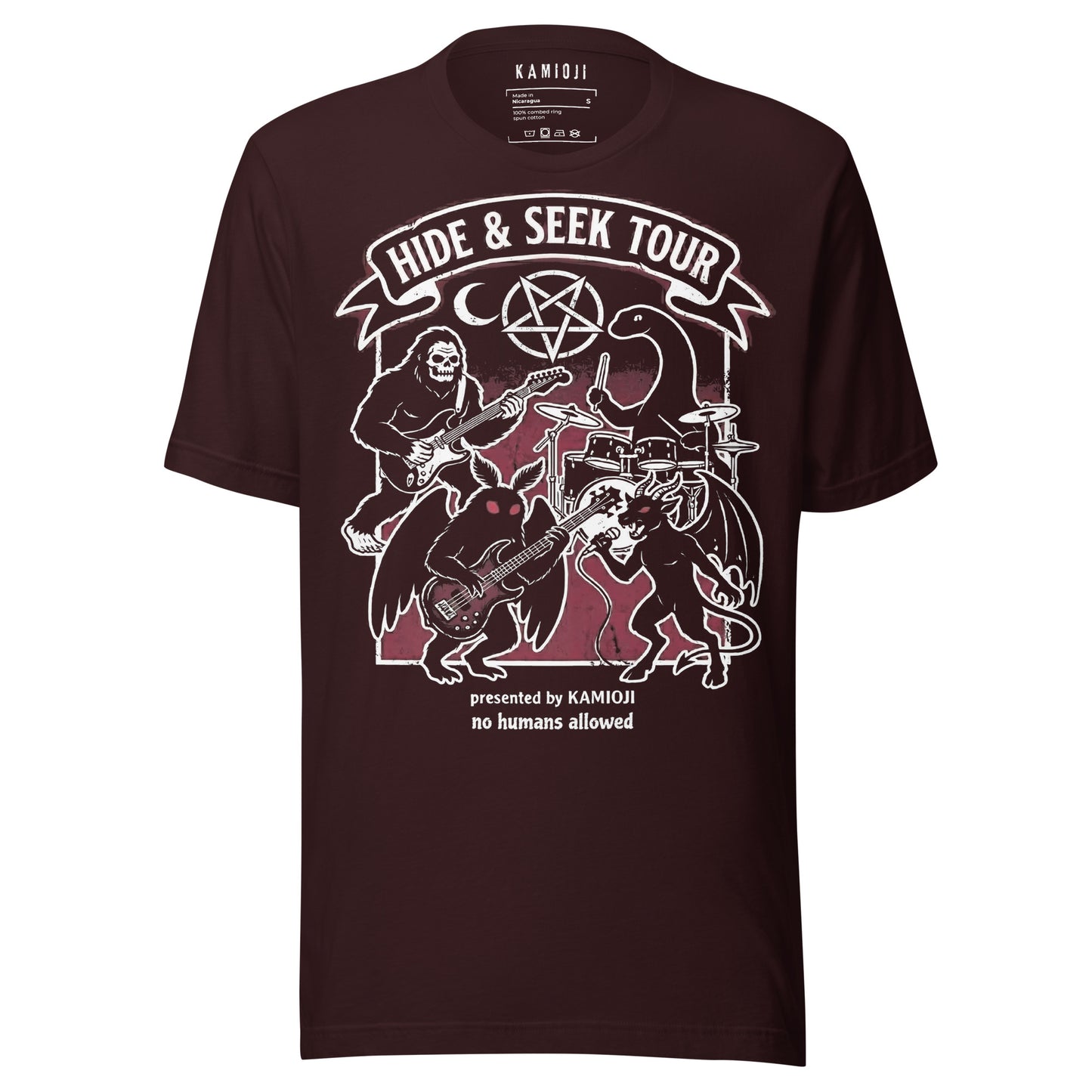 Cryptid themed shirt showing Bigfoot, the Jersey Devil, and Nessie in a rock band illustration. Oxblood black color variation.