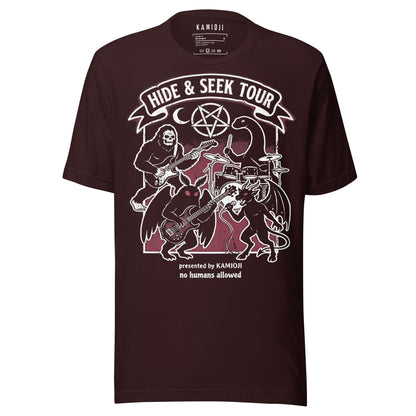 Cryptid themed shirt showing Bigfoot, the Jersey Devil, and Nessie in a rock band illustration. Oxblood black color variation.