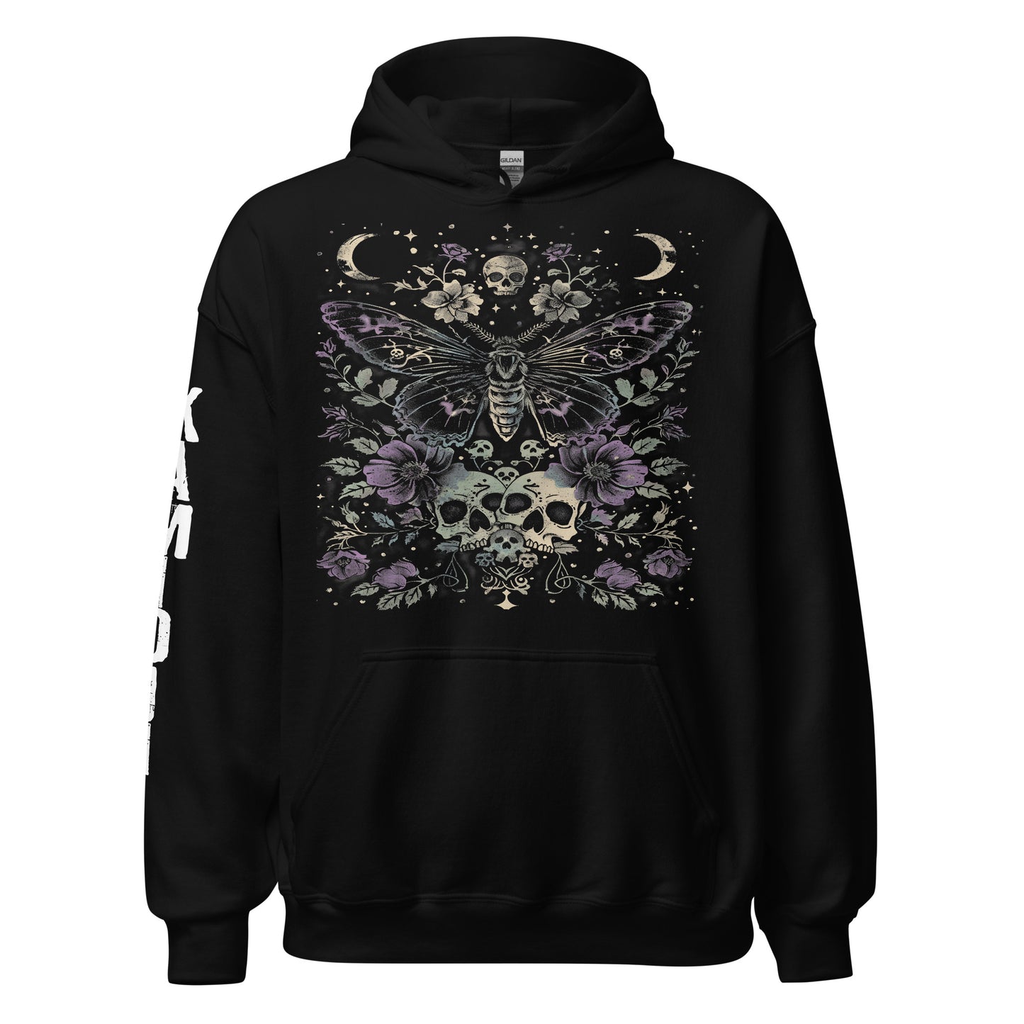 Hoodie featuring an occult illustration of a moth surrounded by skulls, flowers, and moon symbols. | Colour: Black