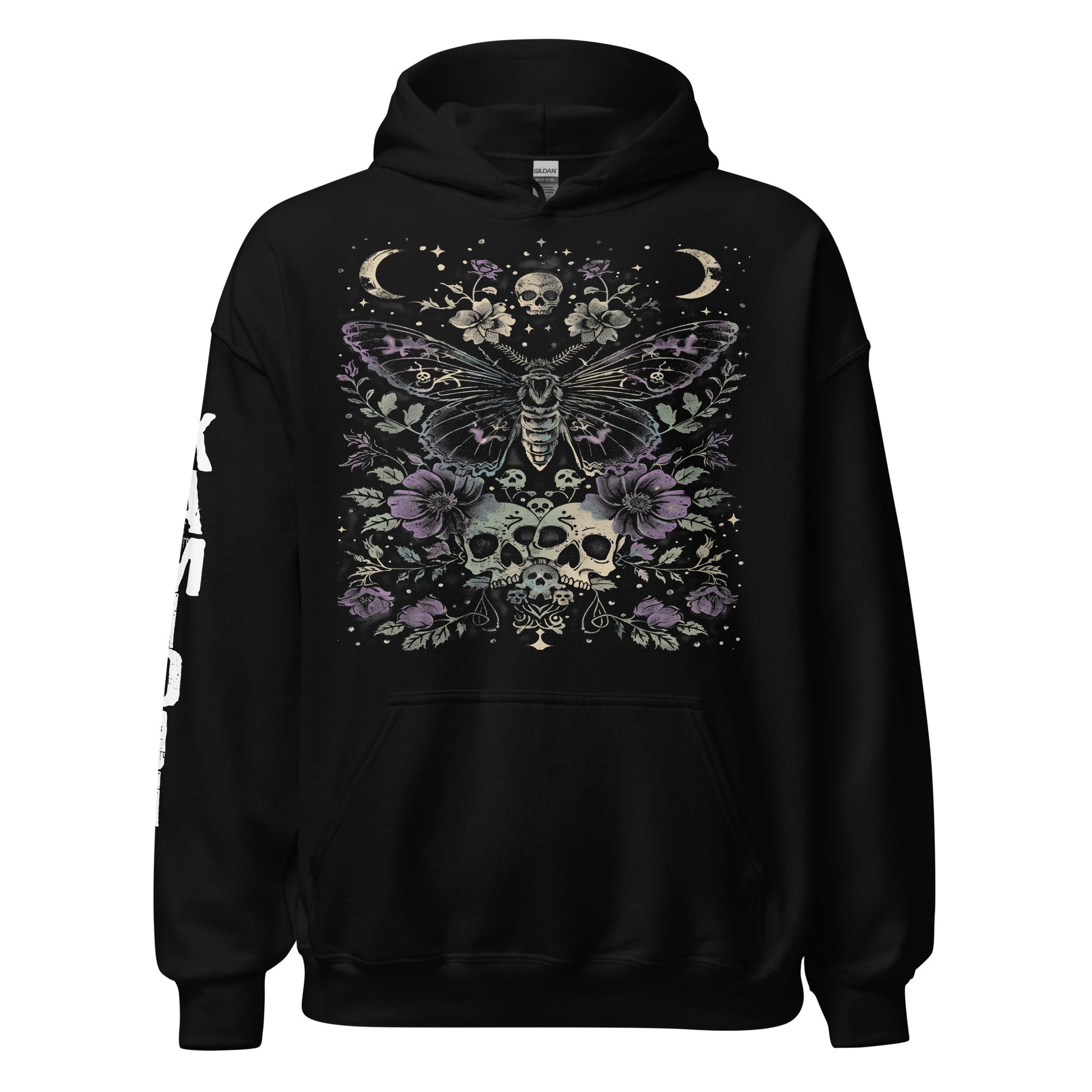 Hoodie featuring an occult illustration of a moth surrounded by skulls, flowers, and moon symbols. | Colour: Black