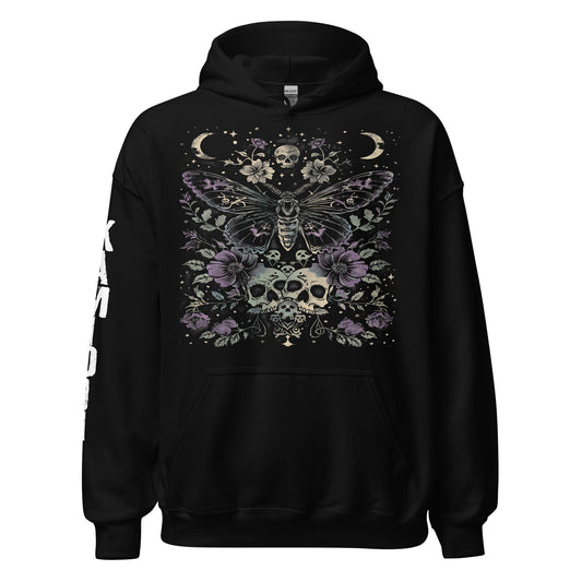 Hoodie featuring an occult illustration of a moth surrounded by skulls, flowers, and moon symbols. | Colour: Black