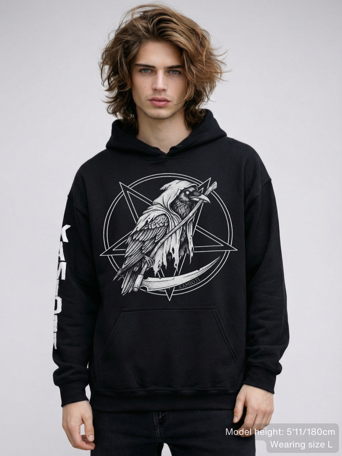 Occult crow hoodie featuring a hooded bird holding a scythe inside a pentagram symbol.