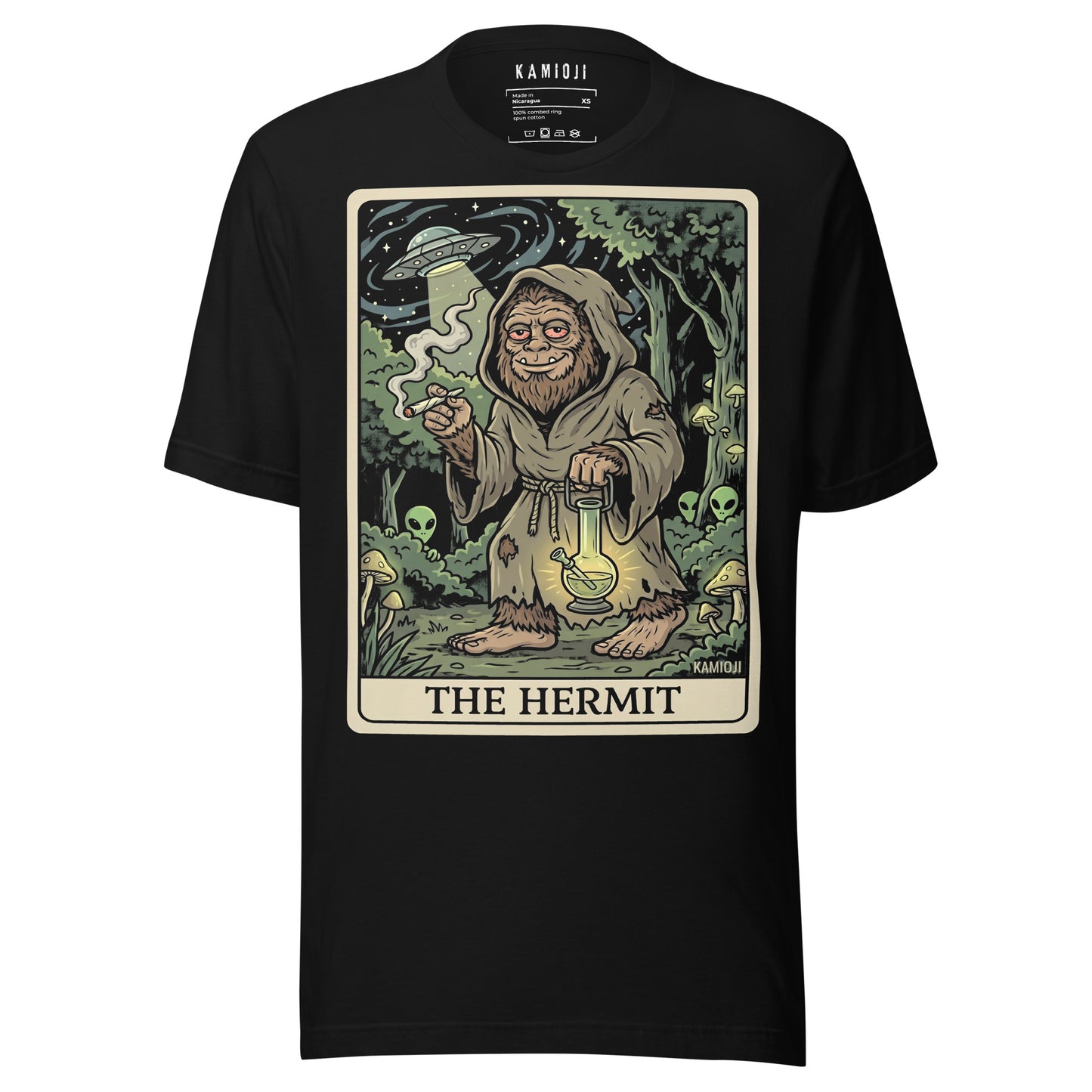 Detailed illustrative print of 'The Hermit' tarot card with a Sasquatch character in a hooded robe, holding a glowing bong.