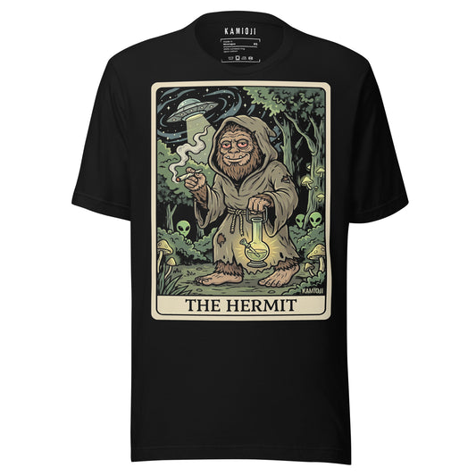 Detailed illustrative print of 'The Hermit' tarot card with a Sasquatch character in a hooded robe, holding a glowing bong.