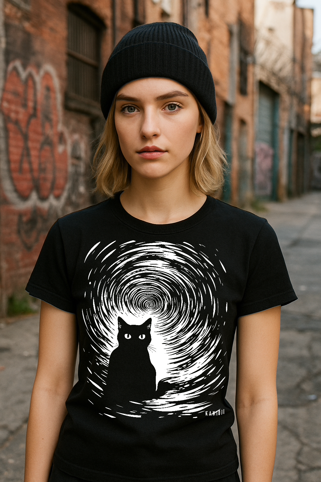 Black T-shirt with cat silhouette framed by a bold spiral design