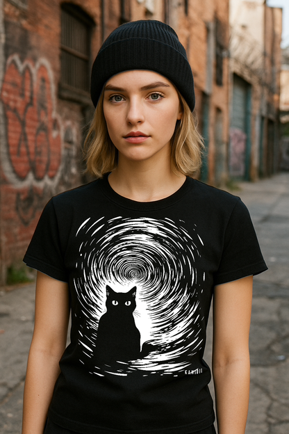 Black T-shirt with cat silhouette framed by a bold spiral design