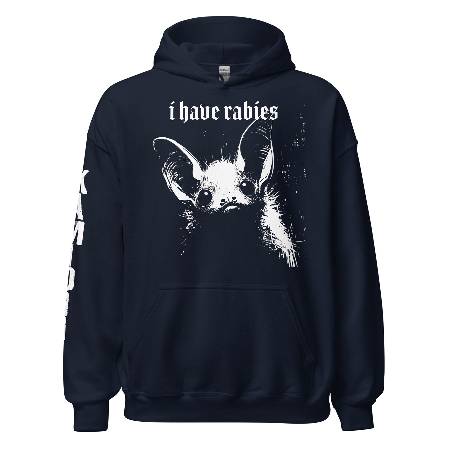 Alternative graphic hoodie with horror style bat artwork and dark humour slogan.