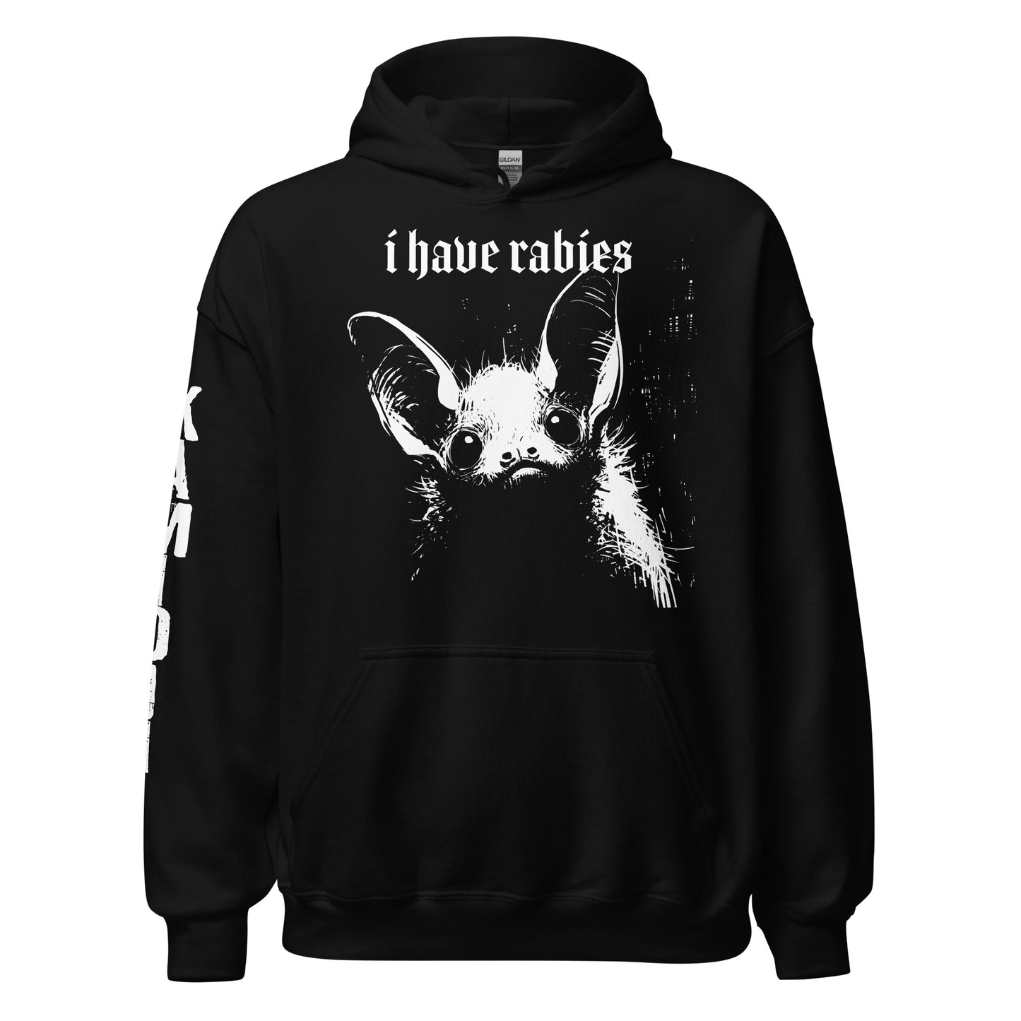 Pullover hoodie with gothic “i have rabies” text and distressed bat illustration on the chest.